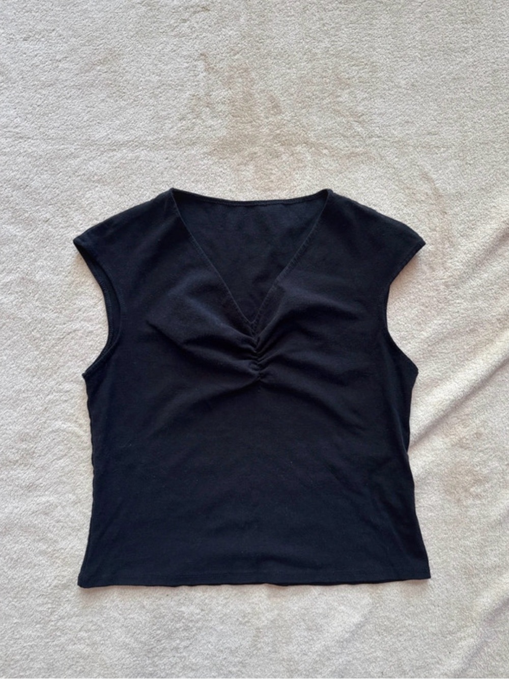 Women's Black V-Neck Ruched Cap-Sleeve Top